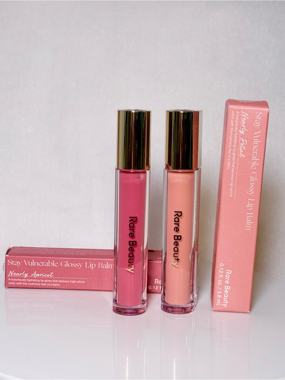 rare beauty glossy lip balm set of 2  nearly petal & nearly apricot lip balm